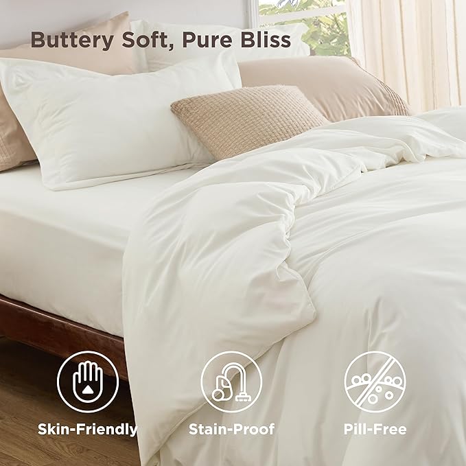 Bedsure Duvet Cover with Fitted Sheet King - Deep Pocket, Hotel Luxury Soft Double Brushed Bedding Set with Zipper Closure, 1 Duvet Cover, 1 Fitted Sheet, 2 Pillow Shams, NO Comforter, Cream White