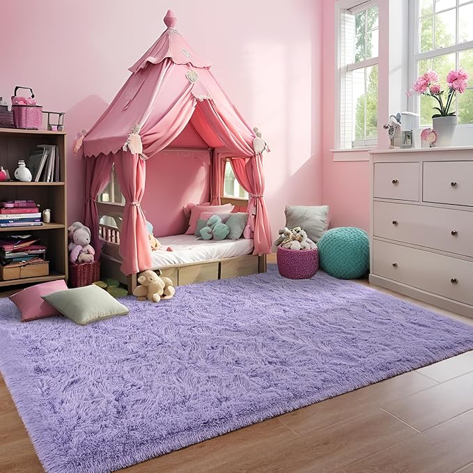 Purple Area Rug 8x10 Large Rugs for Living Room Bedroom, Fluffy Soft Rug Modern Carpets for Kids Room, Non-Skid Rectangular Indoor Rug for Girls Boys Playroom Nursery Room Home Decor