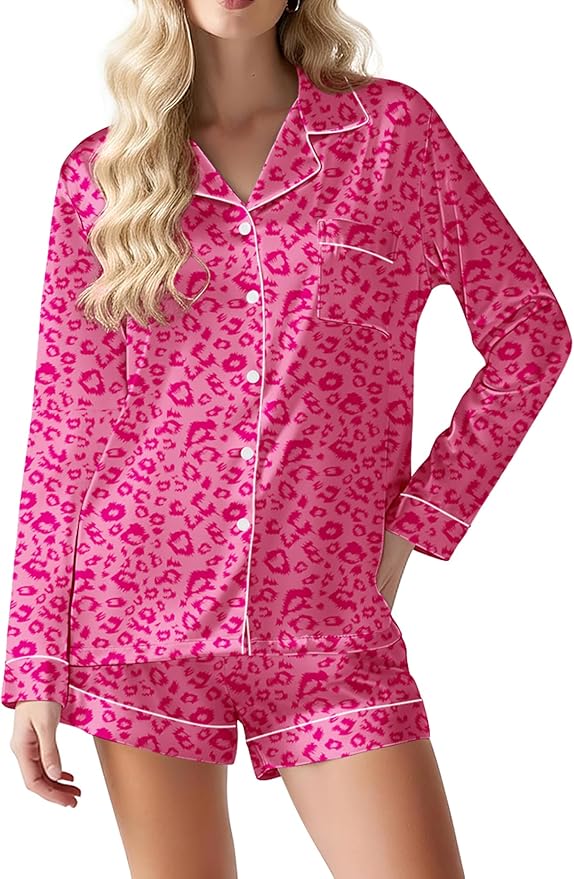 Ekouaer Satin Pajama Set for Women Button Down Pj Set Long Sleeve Top and Shorts 2 Piece Loungewear Summer Soft Sleepwear
