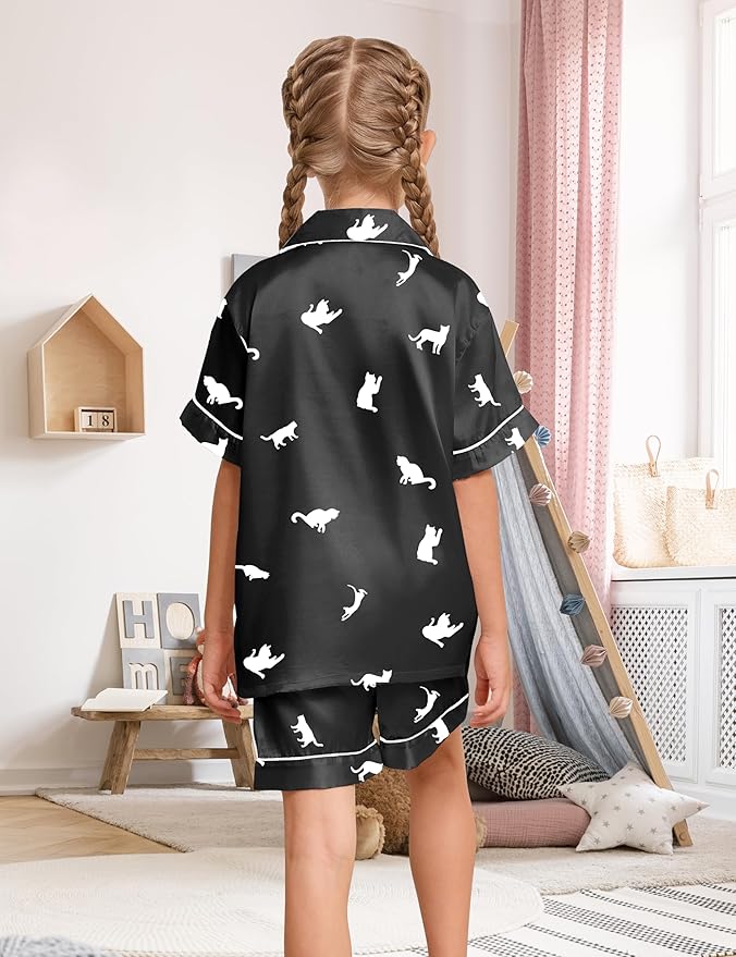EPLAZA Kids Satin Pajamas Sets Girls Boys Button-Down Silky Pajamas Sleepwear with Hairband Eye Mask Hair Tie