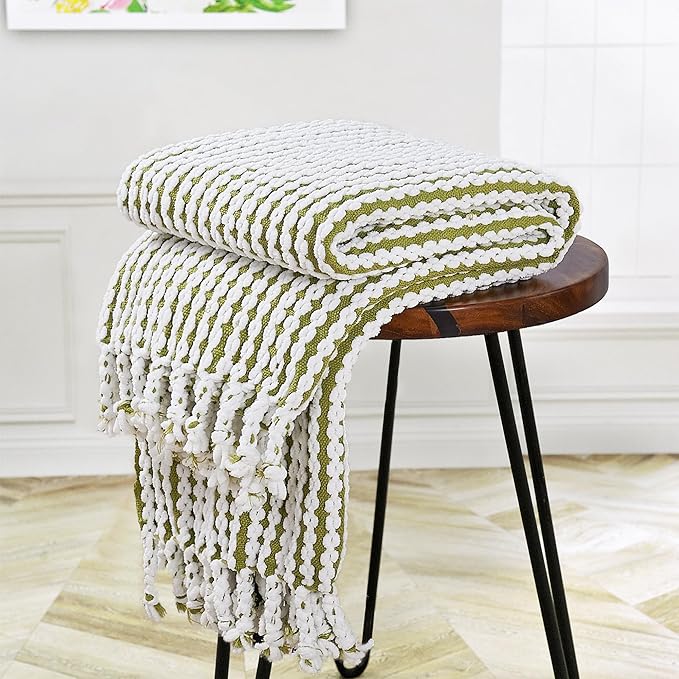 Striped Knit Throw Blanket with Braided Tassels 50" x 60", Hand Knitted Soft Chunky Chain Design Boho Farmhouse Blanket, Two Tone Tassel Decor Throw for Couch Bed Sofa Outdoor, Olive White
