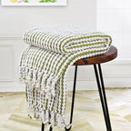 Striped Knit Throw Blanket with Braided Tassels 50" x 60", Hand Knitted Soft Chunky Chain Design Boho Farmhouse Blanket, Two Tone Tassel Decor Throw for Couch Bed Sofa Outdoor, Olive White