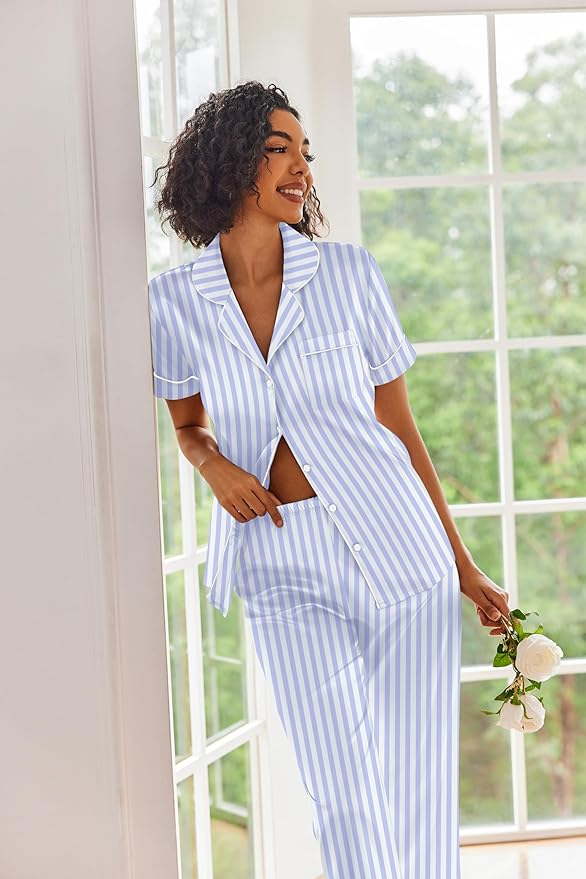 Ekouaer Silk Satin Pajamas Set Women Short Sleeve Sleepwear Soft Button Down Loungewear Pjs Set