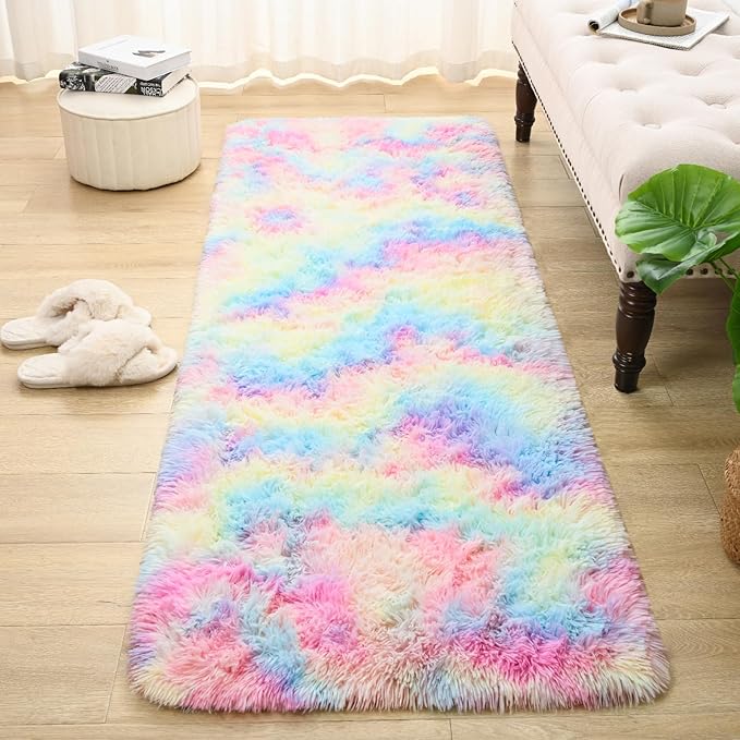 Softlife Area Rug for Bedroom, Fluffy Shag Plush Tie Dyed Rainbow Rugs for Living Room Girls, Shaggy Throw Carpet for Kids Soft Fuzzy Runner Small 2x6 Runners for Hallways Dorm