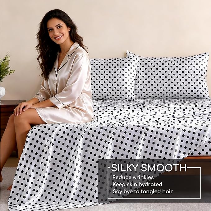 MR&HM Satin Bed Sheets with Elastic Corner Straps, Full Size Sheets Set, 4 Pcs Silky Bedding Set with 15 Inches Deep Pocket for Mattress (Full, Polka Dot)
