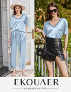 Ekouaer Satin Pajama Set for Women Short Sleeve Silky Pjs 2 Piece Lounge Sets Soft Comfy Sleepwear Loungewear S-XXL