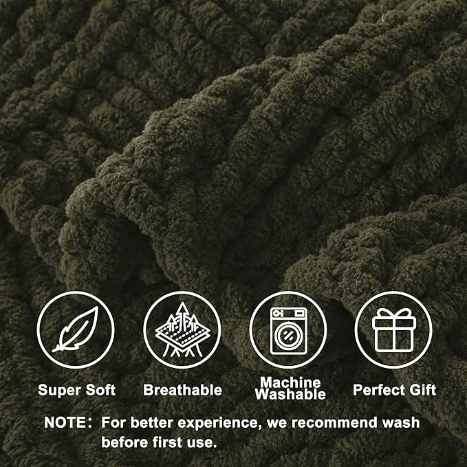 Battilo Chunky Knit Throw Blanket for Couch, Super Soft Warm Cozy Chenille Throw Blanket, Olive Green Blanket for Bed, Sofa, Living Room, 50"x60"