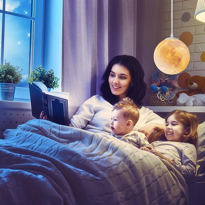 Plug-in Moon Pendant Light, Hanging Lamp with Switch & Cord, 3-Color Dimmable LED Ceiling Lamp for Kids’ Bedroom or Nursery, White Lunar Night Light (Warm,Neutral,White,LED Bulb Included)