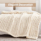 Negwoo Chunky Knit Throw Blanket, 60''*80'' Knitted Throw Chenille Yarn for Bed Couch, Handmade Cream Crochet Big Thick Blanket, Machine Washable Cute Comfy Blanket for Home Decor
