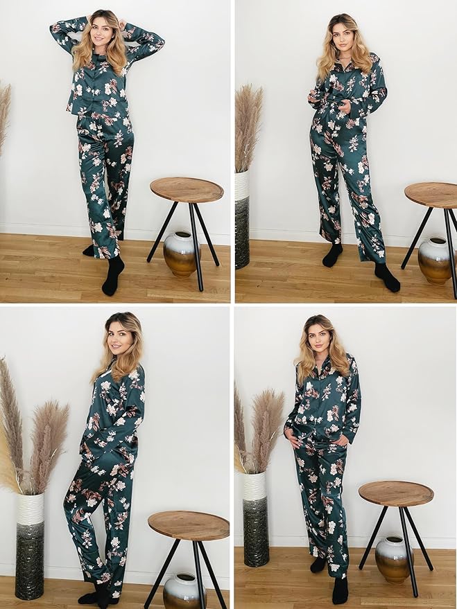 Ekouaer Women Satin Silk Pajamas Classic Long Sleeve Button Down Pjs Set Soft Loungewear