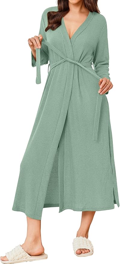 Ekouaer Women's Robe Long Waffle Knit Bathrobe Lightweight Soft Kimono Robes Loungewear S-XXL