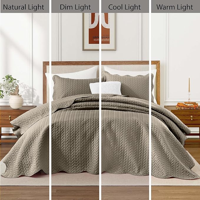 IR Imperial Rooms Queen Quilt Bedding Set Size (90" x 96") + 2 Pillow Shams (20" x 26"+ 2") - 3 Pcs All Season Lightweight Reversible Microfiber Coverlet Embossed Quilt Bedspread (Beige)