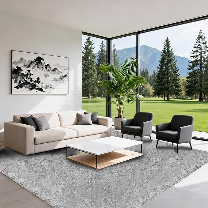 9x12 Shag Area Rugs for Living Room, Extra Large Ultra Soft Fluffy Furry Rug for Bedroom, Indoor Carpet Plush Fuzzy Nursery Rugs for Kids Girls and Boys, Dorms, Home Decor Aesthetic, Light Grey