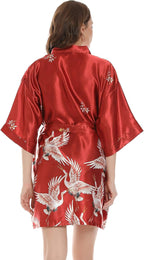 Women Kimono Robes Satin Dressing Gown Crane and Blossoms Sleep Lounge Nightwear Short Silk Bride Bridesmaid Robe