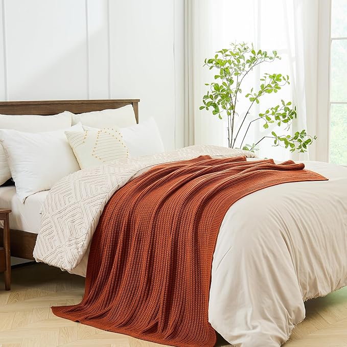 Chunky Knit Rust Orange Throw Blanket 50"x60" Soft Cozy Knitted Blanket for Couch Sofa Bed, Cute Decorative Spring Throw for Living Room