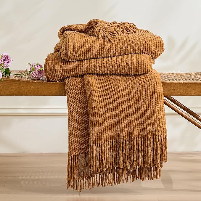 inhand Brown Throw Blanket for Couch Bed,Fall Home Decorative Soft Chunky Chenille Woven Blankets with Tassels,Lightweight Cozy Boho Farmhouse Warm Winter Gifts for Women,60"x80",Extra Thick