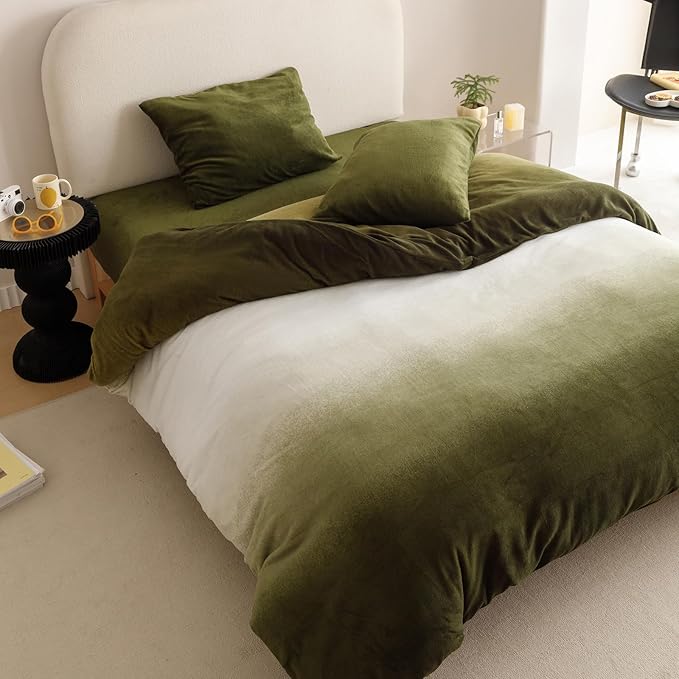 Luxlovery Green Gradient Velvet Comforter Full Fluffy Plush Flannel Bedding Set Full Men Women Army Green White Winter Warm Blanket Quilts Thick Abstract Modern Comforter Set