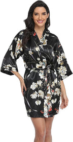 Women's Floral Satin Robes Bride Bridesmaid Getting Ready Robe Short Silky Kimono Sleepwear for Wedding Party