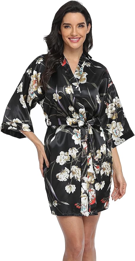 Women's Floral Satin Robes Bride Bridesmaid Getting Ready Robe Short Silky Kimono Sleepwear for Wedding Party