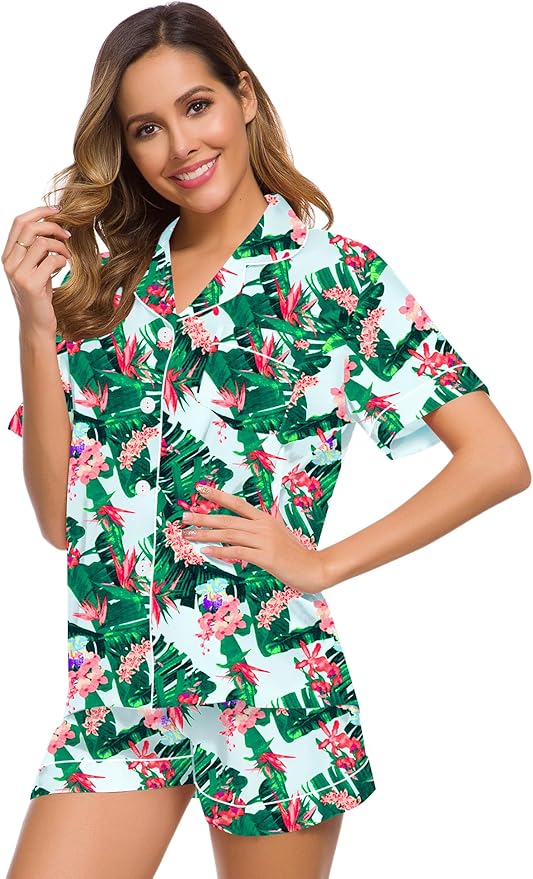 SWOMOG Womens Silk Satin Pajamas Set Short Sleeve Sleepwear Button Down Top and Shorts Loungewear 2 Piece Pjs Set XS-3XL