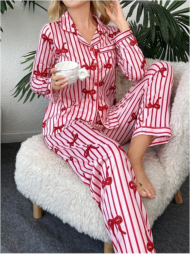 WDIRARA Women's 2 Piece Bowknot Print Satin Pajama Set Long Sleeve Button Down Lounge Pants Sleepwear Sets