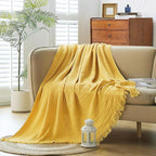 Cotton Muslin Throw Blanket with Tassels, Lightweight Woven Gauze, Pre-Washed Breathable Farmhouse Decor for Bed, Couch, All-Season Use (Yellow, 50" x 60")