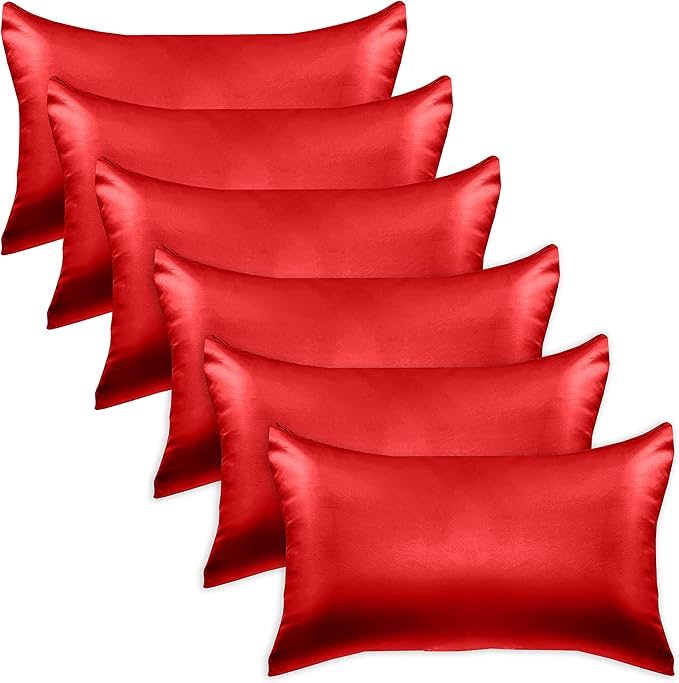 Elegant Comfort 6-Pack Cooling Viscose Satin Pillowcase Set with Hidden Zipper Closure, Silky Smooth for Best Hair and Skin Care-Beautiful Gift Box-6-Piece Satin Pillowcase Set, Standard/Queen, Red