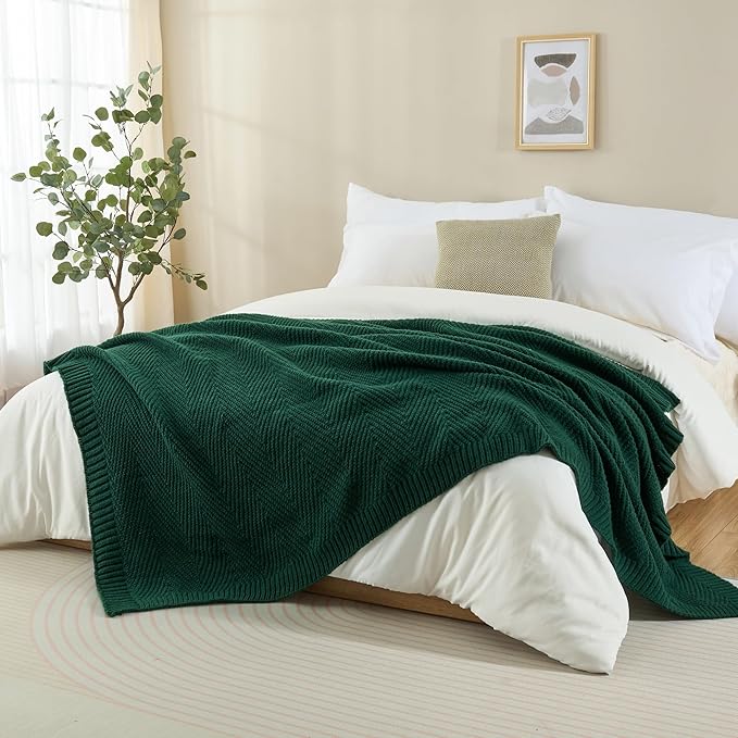 Knitted Throw Blanket 60"X80", Dark Green Knit Throws for Bed, Super Soft Boho Chevron Blankets for Couch Sofa Chair Room Decor, Textured Decorative Farmhouse Cozy Lightweight
