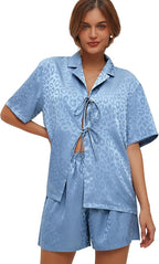 CHYRII Women's Silk Satin Pajamas Sets Tie Front Short Sleeve Tops and Shorts Two Piece Pj Sets Sleepwear