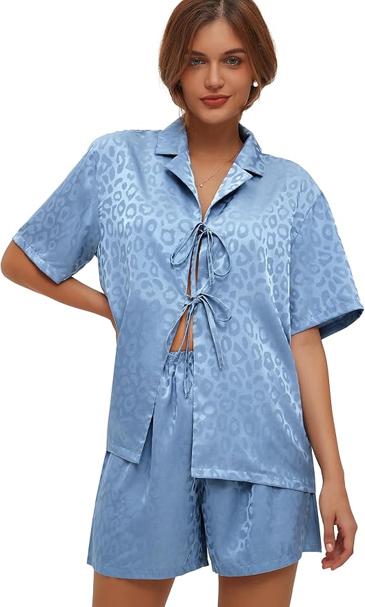 CHYRII Women's Silk Satin Pajamas Sets Tie Front Short Sleeve Tops and Shorts Two Piece Pj Sets Sleepwear