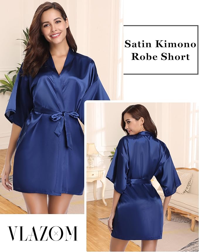 Vlazom Womens Kimono Robes Dressing Gown Satin Bathrobe Nightdress Short Style Bridal Robe