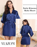 Vlazom Womens Kimono Robes Dressing Gown Satin Bathrobe Nightdress Short Style Bridal Robe