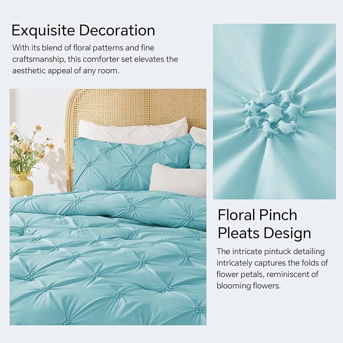 BEDELITE Macaron Blue Queen Comforter Set - 3 Pieces Boho Pintuck Bedding Comforter Sets, Lightweight Soft & Warm Bed Comforter Queen with 2 Pillowcases for All Season