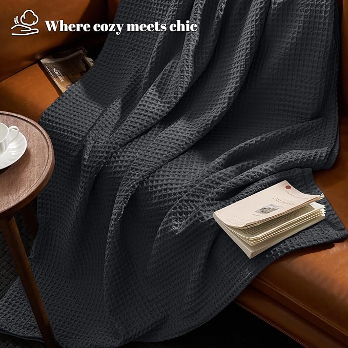 PHF Ultra Soft Waffle Weave Throw Blanket 50"x 60"- Washed Lightweight Breathablee Cozy Woven Blanket - Great for Couch Bed Sofa Home Car - Black