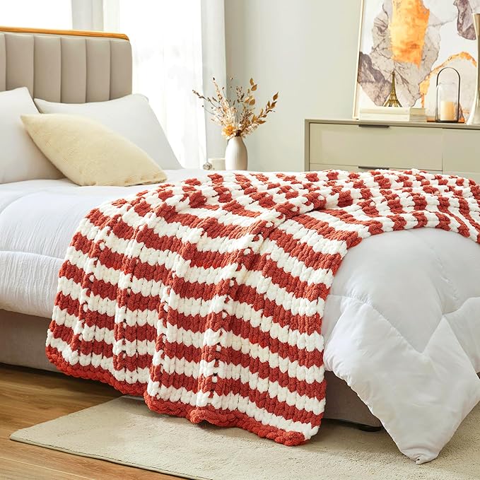 Amélie Home Chunky Knit Throw Blanket for Couch, Soft Chenille Handmade Crochet Throw Rope Knot Blanket for Couch, 50"x60", Burnt Orange & White Striped