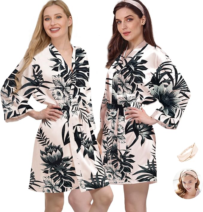 WJing Yi Jia 2Pcs Womens Floral Kimono Robe Silk Robes Bride Bridesmaid Satin Robes Bridal Dressing Gown Silky Bathrobe