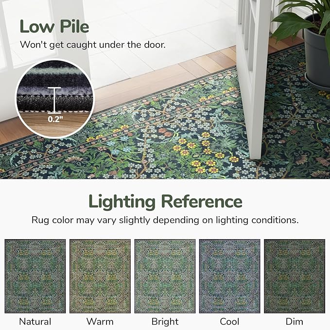 Lessymo Floral Washable Rug 9x12, Living Room Area Rugs Non Slip Boho Low Plie Large Carpet for Bedroom Dining Room Home Office, Vintage Flower Decor Distressed Retro Indoor, Forest Green