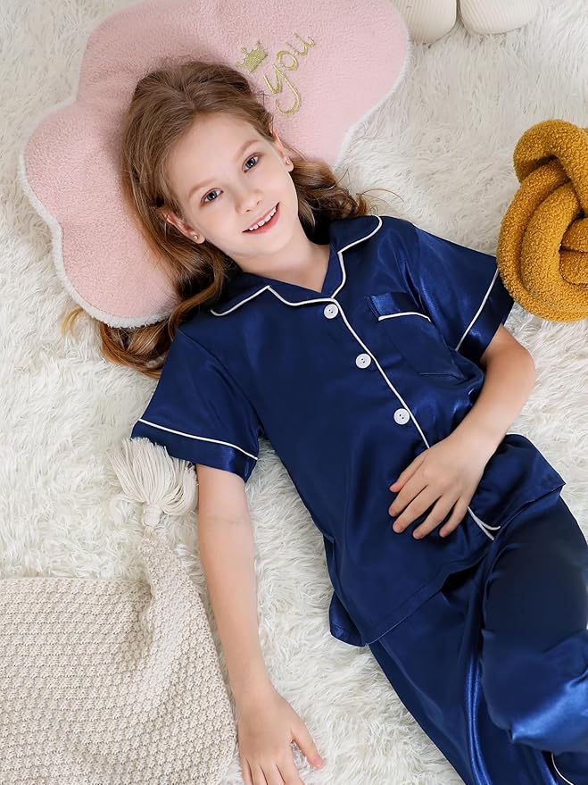 DIPUG 3 Piece Girls Silk Pajamas Set Soft Satin PJs Sleepwear for Comfortable Nights
