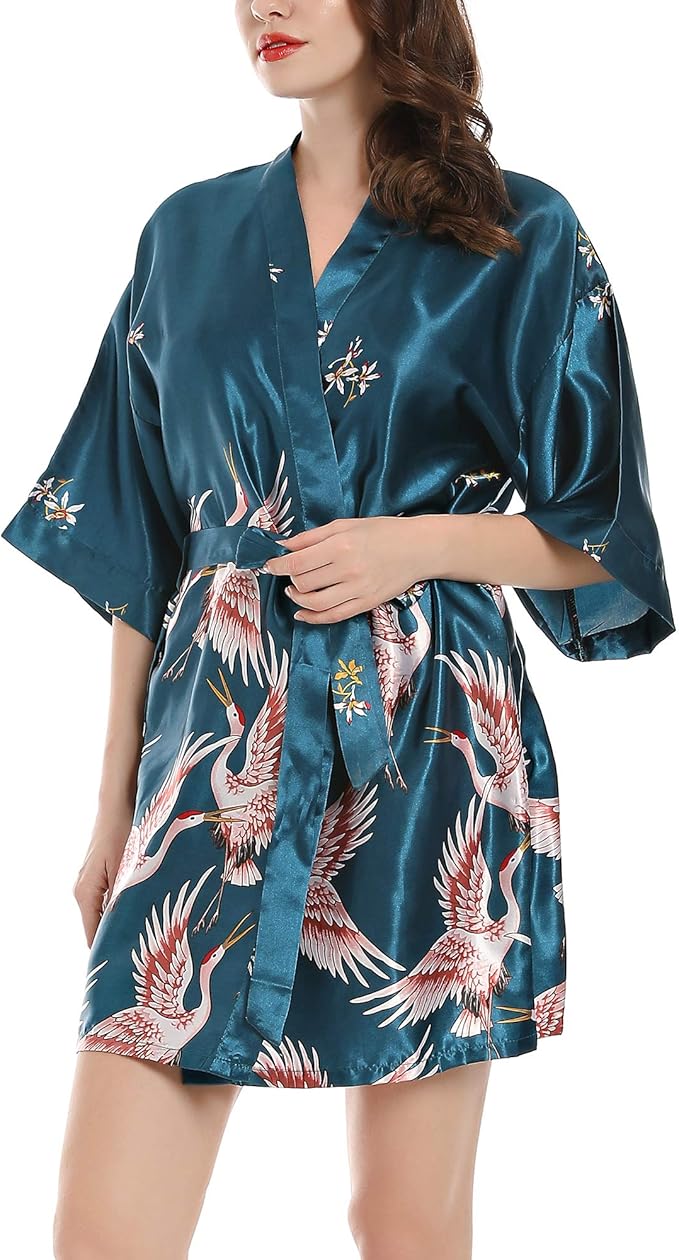 Women Kimono Robes Satin Dressing Gown Crane and Blossoms Sleep Lounge Nightwear Short Silk Bride Bridesmaid Robe