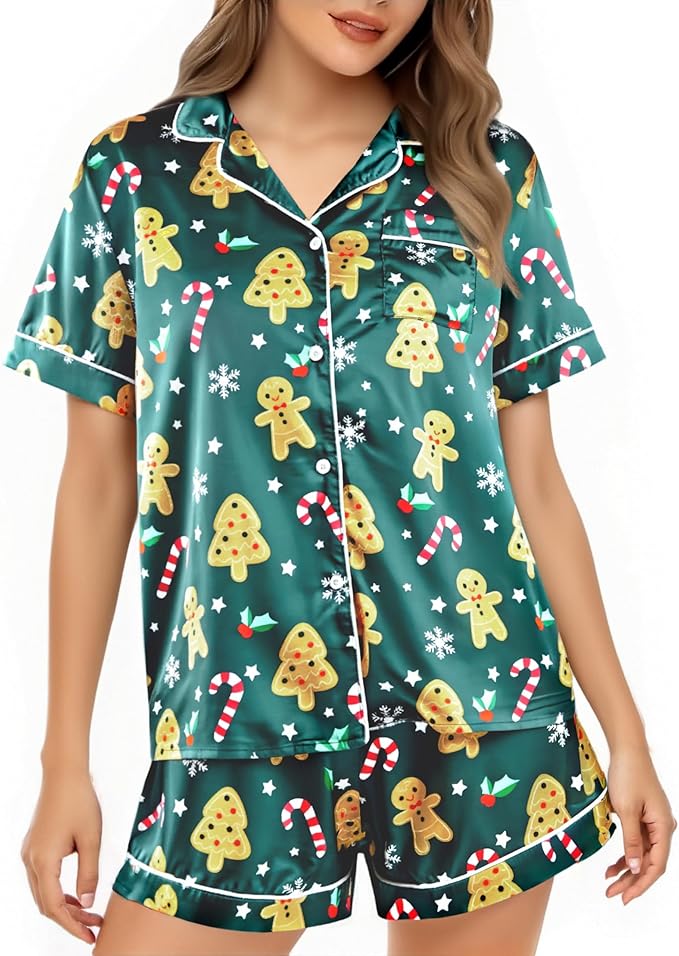 ASTANFY Silk Satin Pajama Set Womens Silk Satin 2 Piece Pjs Shorts Sleepwear Christmas Button Down Shirt Bride Pj Lounge Sets