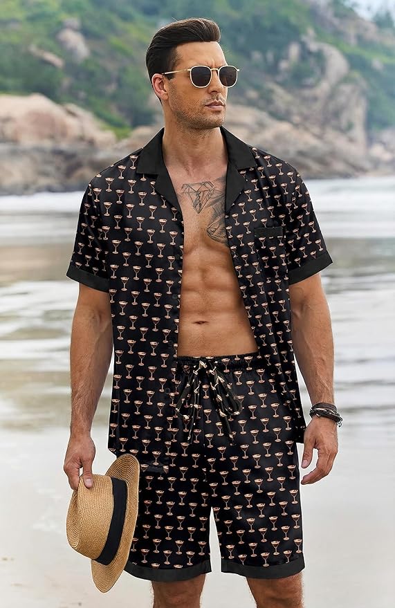 Ekouaer Men Satin Silk Pajamas Set with Pockets Sleepwear Shorts Satin Summer Loungewear 2 Piece Button Down Set S-3XL