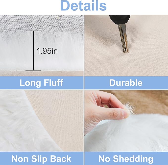 4 ft Fluffy White Round Rug for Bedroom, Furry Faux Sheepskin Fur White Circle Rugs for Living Room Cute Soft Fuzzy Shag Carpet for Kids Girls Room Nursery Dorm