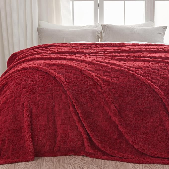 NEWCOSPLAY Super Soft King Blanket Red Premium Silky Flannel Fleece 3D Heart Checkered Lightweight Bed Blanket All Season Use (Red Heart, King(90"x110"))
