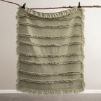 Ultra Soft Pre-Washed Quilted Boho Olive Green King Size Blankets for Bed, Green Ruffle Fringed Decorative Throw, Stone Washed Chic Rustic Blanket for Sofa Couch Bed, 104"*90"