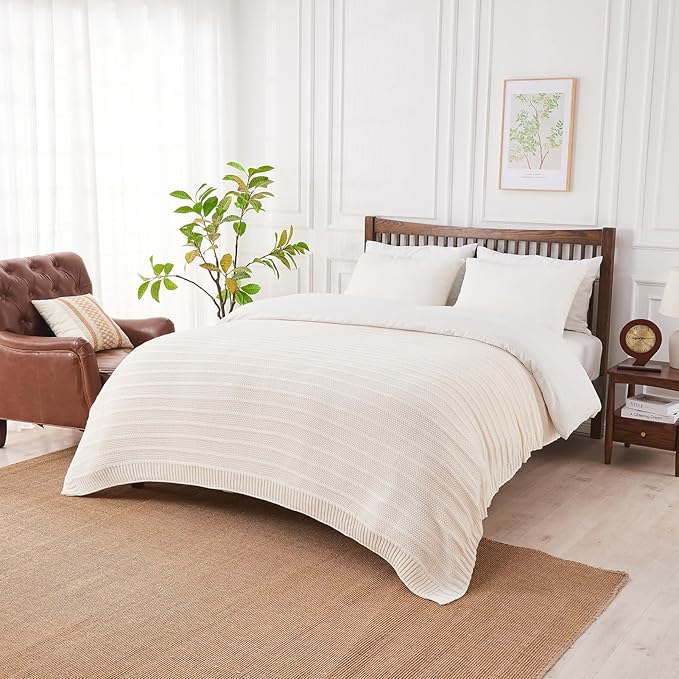 Douceur Cream Throw Blanket for Bed, Soft Cozy Lightweight Stripe Pattern Knitted Throw Blanket for Sofa, Living Room, 60"X80"