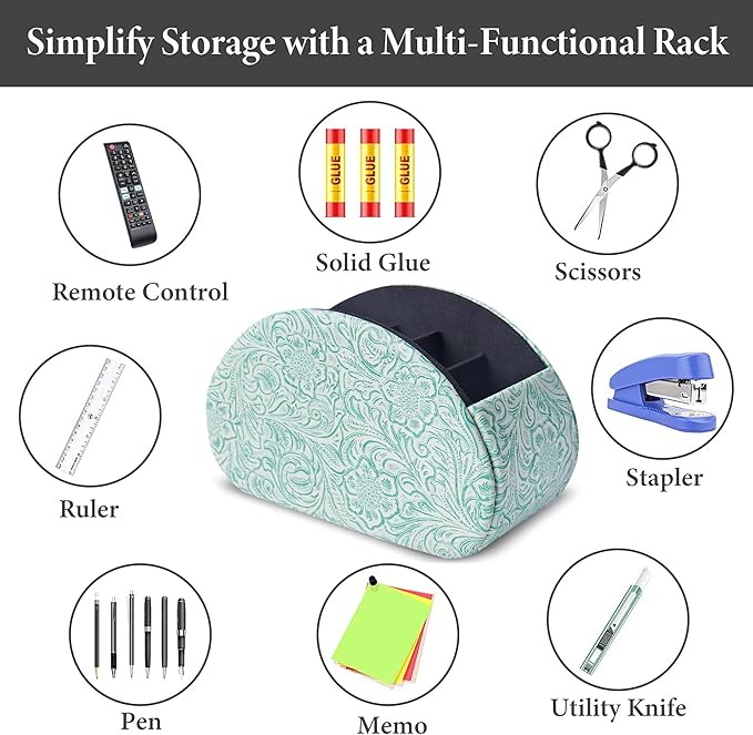 QIELIZI Remote Control Holder, PU Leather Remote Caddy Desktop Organizer with 5 Spacious Compartments for TV Remotes/Media Controllers/Office Supplies (1-Carved3 Green2