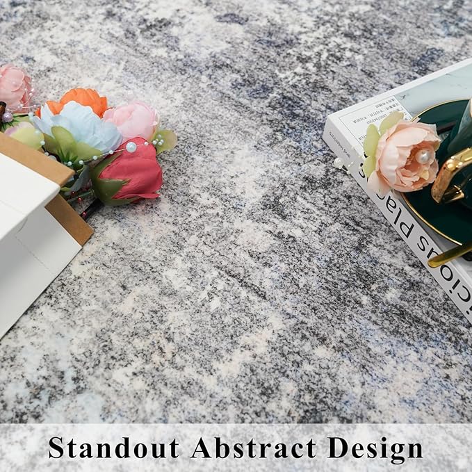 3x8 Washable Hallway Runner – Non-Slip Abstract Modern Neutral Wide Carpet Runner for Kitchen Floor, Entryway, Bedroom, Living Room – Soft Low-Pile Thin Rubber Backing（Blue Gray,3x8）