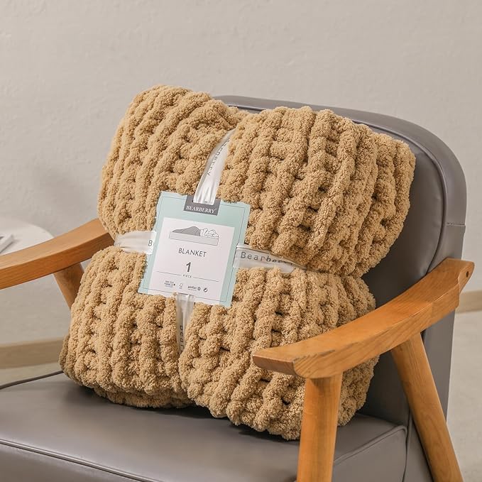 bearberry Chunky Knit Throw Blanket 60x80 Inches Handmade, Soft Jumbo Chenille Yarn with Cable Rope Knot Design | Thick Cozy Large Blanket for Couch, Sofa, Bed & Living Room Home Decor | Camel