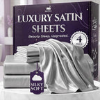 SLEEP SANCTUARY Satin Sheets Full Size – 4 Piece Luxury Silky Bed Set, Softer Than Silk, 15" Deep Pocket, Cooling & Wrinkle-Free, Moisture-Wicking & Breathable for Hair & Skin (Grey)