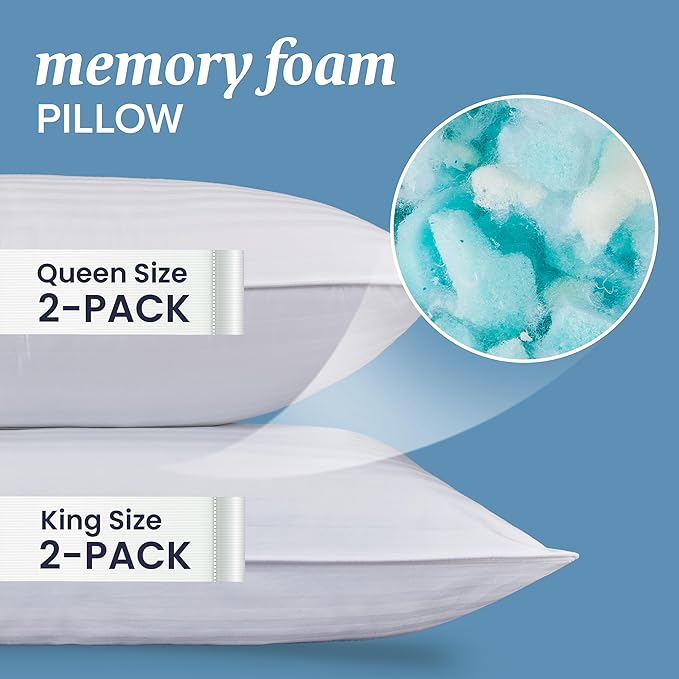 Beckham Hotel Collection King Size Memory Foam (Adjustable Fill) Bed Pillows Set of 2 - Cooling Shredded Foam Pillow for Back, Stomach or Side Sleepers (Pack of 2)